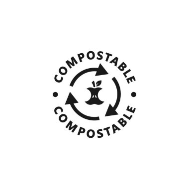 Gübrelenebilir simge. Gübreleştirilebilir logo, işaret, etiket, çıkartma, yemek paketi damgası. Gübrelenebilir ürün. Ekolojik ürün. Geri dönüşümlü ve geri dönüşümlü. Vektör