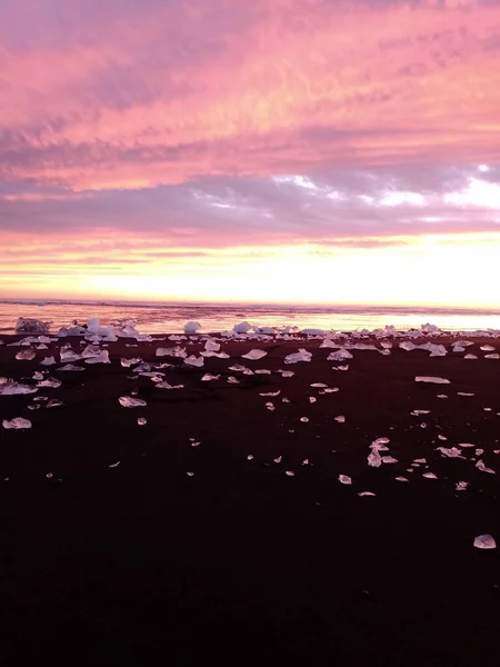 Diamentowa Plaża Różowe Niebo Islandii Obrazek Stockowy
