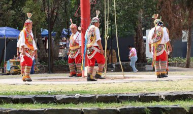 Papantla 'nın yalnız uçucusu gösteriden önce direğe bakıyor.
