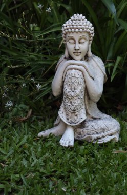 Siddharta Gautama Buda bahçesinde küçük beyaz çiçeklerle