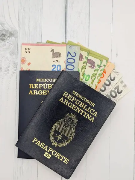 stock image Two argentine passports and argentine money