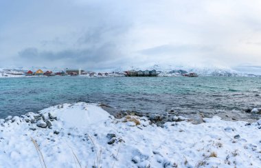 Kuzey Atlantik kıyısındaki güzel, renkli evler. Hillesoy ve Sommaroy adalarındaki ahşap yazlıklar. Göl kenarındaki kırmızı ev. Troms, Kuzey Norveç 'te tatiller. Kvaloya sahilinde kış, okyanustan gelen fırtınalı dalgalarla