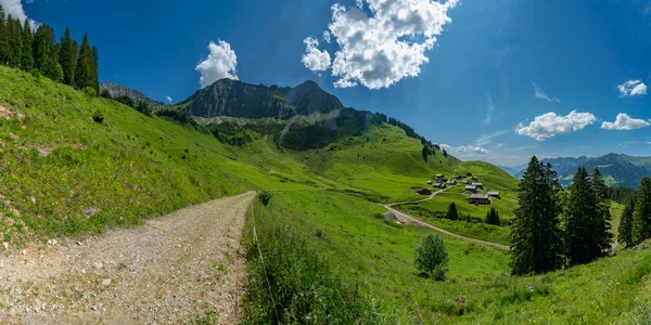 Maison Bois Sur Alpe Steris Grosswalsertal Vorarlberg Avec Prairies Montagne — Photo