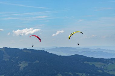 Mavi bulutlu gökyüzünde paraşüt broşürleri, yeşil çayır, köknar ağacı, mavi su ve dağ sırasıyla Constance Gölü üzerinde paraşüt manzarası. Bregenz Ormanı, Vorarlberg 'de yaz günü,