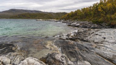 Norveç 'in Kvalya adasından fiyort üzerinde rüzgar parkı olan Panorama' da çok sayıda rüzgar türbini bulunuyor. Atlantik kıyısındaki sonbahar renklerinde yel değirmenleri elektrik üretir..