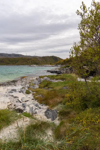 stock image Panorama with wind park over the fjord on the mountains from the island of Kvalya, Norway, with many wind turbines. Windmills in autumnal colored nature on the coast of the Atlantic produce electricity.