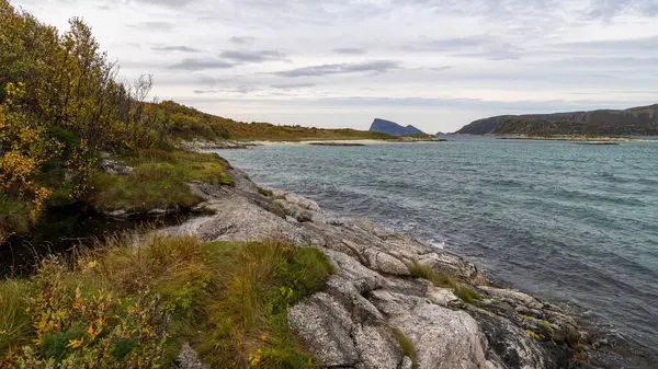 노르웨이 Sommary 대서양에 제티와 파노라마 수풀로 둘러싸인 청록색 바다에 바베큐 스톡 사진