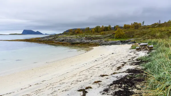 Norveç, Sommary yakınlarındaki Atlantik 'te Jetty ile panoramik manzara. Kumsal, barbekü alanı ve dinlenme alanı, turkuaz deniz kenarında, çiçekler ve çalılarla çevrili. Karayipler 'deki gibi! Kuzey yabanda dinleniyor.