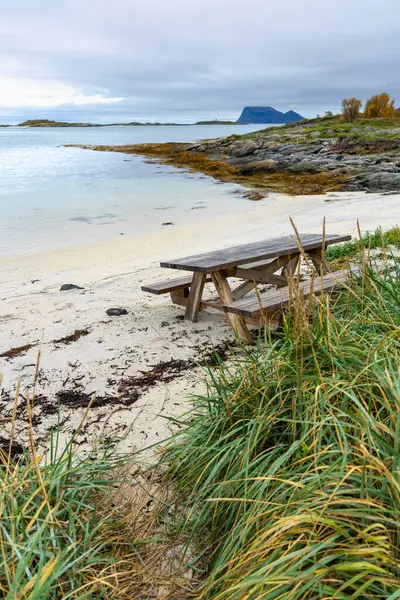 stock image panoramic view with Jetty on the Atlantic near Sommary, Norway. Sandy beach with barbecue area and relaxation area, by the turquoise sea, surrounded by flowers and bushes. like in the Caribbean! relaxing outdoor in northern wilderness