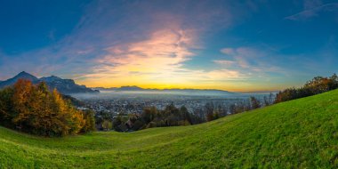 Panorama Sunset in the Rhine Valley, with a tree, blue sky over the city of Dornbirn, meadow and fields. autumn colored trees. beautiful afterglow, interesting colored veil clouds over Swiss mountains clipart