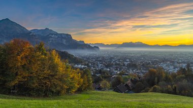 Ren Vadisi 'ndeki Panorama Günbatımı, bir ağaç, Dornbirn şehrinin üzerinde mavi gökyüzü, çayır ve tarlalar. Sonbahar renkli ağaçlar. İsviçre dağları üzerinde güzel, renkli bulutlar.