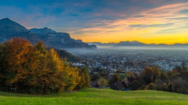 Panorama Sunset in the Rhine Valley, with a tree, blue sky over the city of Dornbirn, meadow and fields. autumn colored trees. beautiful afterglow, interesting colored veil clouds over Swiss mountains clipart