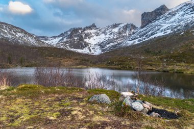 Kuzey Atlantik 'in gölü ve plajlı panorama. Kvalya adalarında sert doğa, dik kayalık dağlar. Kuzey Norveç 'te fiyort kıyısında küçük huş ağaçları ve sarı otlar..