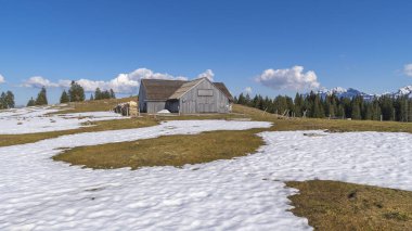 Karlı beyaz çayır alplerindeki panorama baharda karları eritir. Güneş ışığı altında yürüyüş alanı. Arka planda bir Alp kulübesi ve karlı dağ sıraları, ahşap dağlık çiftlik evi, Avusturya yürüyüşü