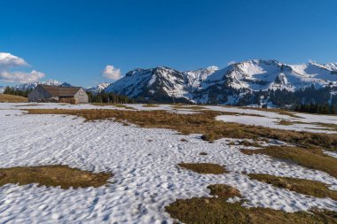 Karlı beyaz çayır alplerindeki panorama baharda karları eritir. Güneş ışığı altında yürüyüş alanı. Arka planda bir Alp kulübesi ve karlı dağ sıraları, ahşap dağlık çiftlik evi, Avusturya yürüyüşü