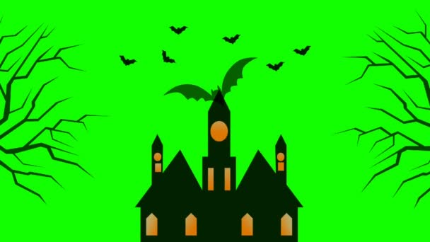 Halloween Hemsökt Hus Med Fladdermöss Och Träd Grenar Skrämmande Animerad — Stockvideo