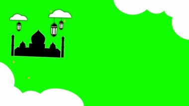 Canlandırılmış Ramazan Kareem Yeşil Ekran Arkaplanı, Cami, Bulutlar ve Fenerlerle. İslami Tatiller İçin Uygun.