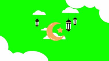 Ramazan Kareem animasyonu. Yıldızlar, ay, bulutlar ve fenerlerle. İslami Bayram Tebrik Kartları İçin Uygun.