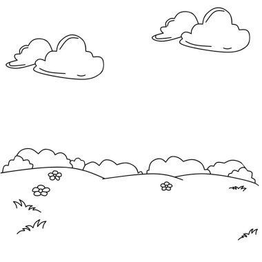 Manzara, güneş ve çiçeklerin vektör çizimi. Boyama kitabı sayfaları için mükemmel