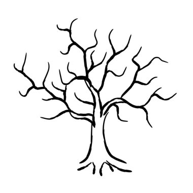 Kuru ağacın el çizimi vektör çizimi. Beyaz arka planda çıplak dallar. Yaşlı ve ölü bir ağaç. Cadılar Bayramı botanik tasarım elementleri için uygundur.