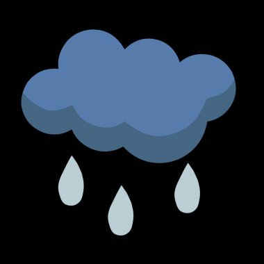 Yağmurlu 3 boyutlu karikatür ikonu. Bulutlar ve Yağmur Damlaları İşareti. Siyah bir arkaplanı olan.