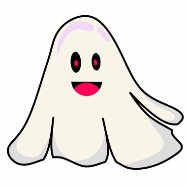 Beyaz hayalet ikonu. Korkunç karakterler korkutmaya çalışır. Cadılar Bayramı ve korkunç sonbahar tatilleri. Fantezi ve hayal gücü, mistisizm. Poster ya da afiş. Beyaz arkaplanda çizgi film düz vektör çizimi