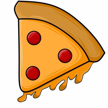 Erimiş peynirli bir dilim pizzayı tasvir eden çizgi film tasarımı. Beyaz bir arka planda. Çizer vektör grafikleri