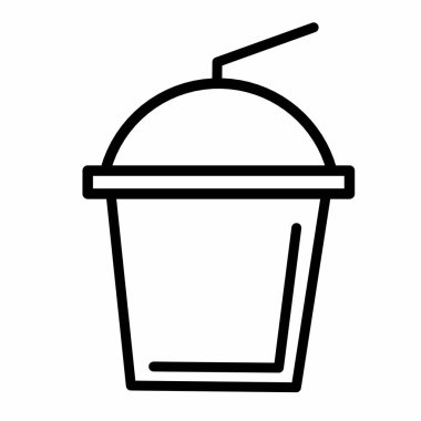 Tek kullanımlık plastik bardak doğrusal simgesi. Soğuk içecek, soda, kubbe kapaklı meyve suyu ve saman. Beyaz bir arkaplanda