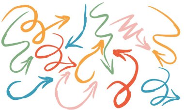 Renkli Çizgiler Belirsiz Karalama Okları, Şekiller ve Yönlü Nesneler. Fırça darbesi. El çizimi soyut vektör kümesi