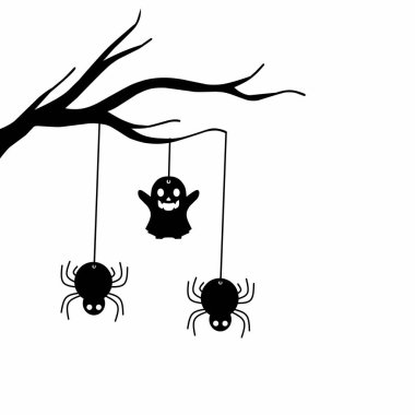 Asılı örümcekler ve hayalet siluetleri olan bir ağaç dalının silueti. Cadılar Bayramı Sembolü, Dekorasyon Konsepti, Ürkütücü Tasarım, Cadılar Bayramı Düz Vektör İllüstrasyonu