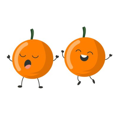 Vektör Mandarin Turuncu Karakterleri Koleksiyonu. Gülen, Mutlu, Farklı Yüzler ve Duygularla. Vektör İllüstrasyonu. Kawaii karikatür stilinde şirin Mandarin portakalları. Şirin Yüzlü Turuncu