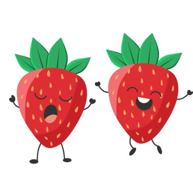 Vektör Çilek Karakteri Koleksiyonu. Dans etmek, gülümsemek, mutlu olmak ve şarkı söylemek. Farklı Yüzleri ve Duyguları Olan Çilekler. Vektör İllüstrasyonu. Kawaii karikatür stilinde şirin çilekler. Strawberrie