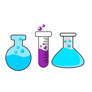 Laboratuvar camları kimyasallarla dolu. Laboratuvar test tüpü. Deneysel ekipmanlar. Laboratuvar ölçüm kabı. Kimyasallarla dolu bir şişe..