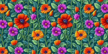 Kusursuz modern renkli tropikal çiçek deseninin vektör çizimi. Şirin botanik soyut çağdaş bahar çiçeği arka planı