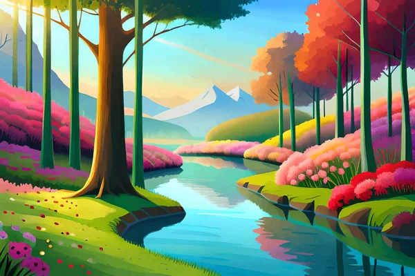 Illustration Vectorielle Une Forêt Bord Une Rivière Avec Des Paysages — Image vectorielle