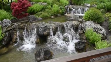 Japon tarzı peyzaj parkında taş duvardan düşen şelaleli güzel bir manzara. Seçici odak.