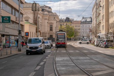 Viyana, Avusturya. 5 Nisan 2023 Viyana 'nın canlı tramvayları ve Avustralya' nın başkentindeki şehir hayatı