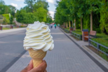 : Vanilyalı kremalı dondurmanın leziz tadını çıkarın. Çıtır waffle külahında servis edilir. Parkta bir günün tadını çıkarırken ferahlatıcı bir ikram için mükemmeldir.