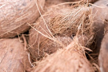 Çöp kutusundaki büyük miktarda kahverengi hindistan cevizinin yakın çekim fotoğrafı. (seçili odak)