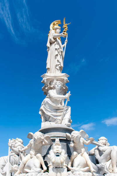 Vienna, Austria 31 Aug 2023. Pallas Athena Brunnen: Athena's Wisdom, The Majestic Fountain Outside the Austrian Parliament.