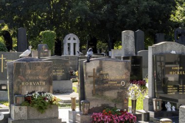 Viyana, Avusturya. 12 Ağustos 2023: Viyana 'daki kaynayan mezarlık, Roma zamanlarına dayanan antik bir mezarlık, tarihin, mimarinin ve kutsal güzelliğin büyüleyici bir karışımı..