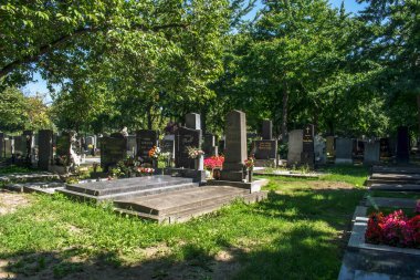 Viyana, Avusturya. 12 Ağustos 2023: Viyana 'daki kaynayan mezarlık, Roma zamanlarına dayanan antik bir mezarlık, tarihin, mimarinin ve kutsal güzelliğin büyüleyici bir karışımı..