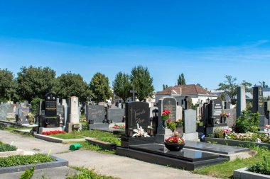 Viyana, Avusturya. 12 Ağustos 2023: Viyana 'daki kaynayan mezarlık, Roma zamanlarına dayanan antik bir mezarlık, tarihin, mimarinin ve kutsal güzelliğin büyüleyici bir karışımı..