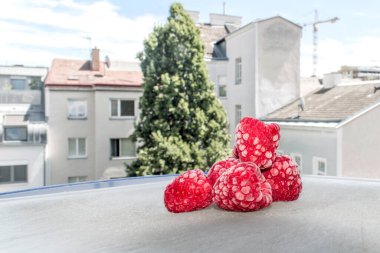 Ahududu: Canlı kırmızı ahudududulara yakından bakın, sağlıklı ve canlı bir yaşam tarzını somutlaştırıyor. (stok sanat fotoğrafçılığı)