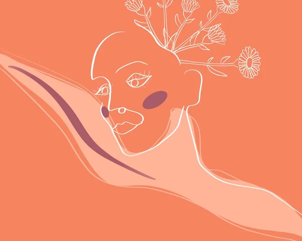 Minimalistyczna Linia Artystyczna Ilustracja Głowy Kobiety Kwiatami Wychodzącymi Jej Głowy — Zdjęcie stockowe