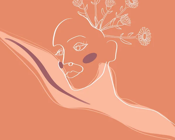 Minimalist line art illustration of woman head with flowers coming out of her head