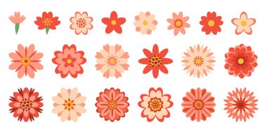 Düz stil dekoratif kırmızı çiçekler. Bahar çıkartmaları koleksiyonu. Vektör tasarım elementleri beyaz arkaplanda izole edildi. Çiçek sembolü, üst manzara.