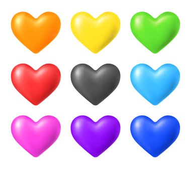 Beyaz arka planda izole edilmiş üç boyutlu kalp koleksiyonu. Kırmızı, turuncu, sarı, yeşil, mavi, mor, pembe ve siyah renkler. Simge, düğme, tebrik kartı ve davet için izole vektör tasarım ögeleri kümesi.
