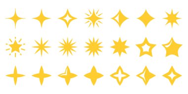 Sarı yıldızlar ve parlak simgeler beyaz arkaplanda izole edildi. Çeşitli şekillerde parıldayan yıldızların toplanması. Düz biçimdeki vektör tasarım ögeleri