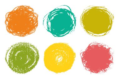 Tebeşirle çizilmiş daireler, beyaz arkaplanda yuvarlak tasarım elemanları. Soyut serbest ve parlak noktalar. İzole vektör çemberi şekilleri boş pul, mühür, çerçeve, moda modern arkaplan.